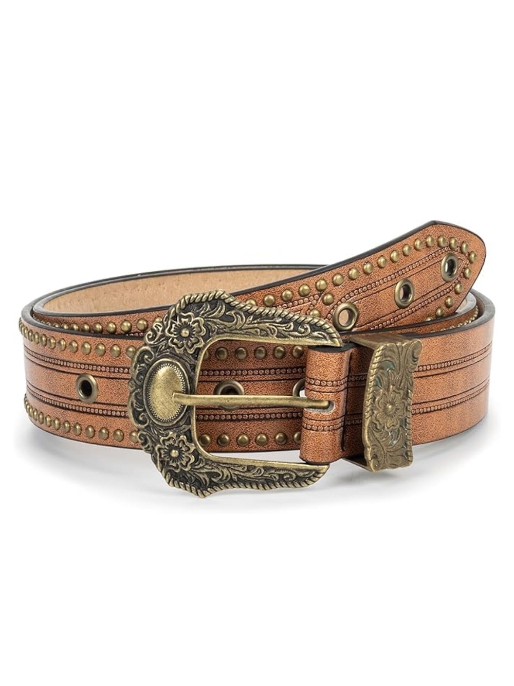 FGSS Tan Leather Western Belt with Decorative Gold Buckle and Rivets